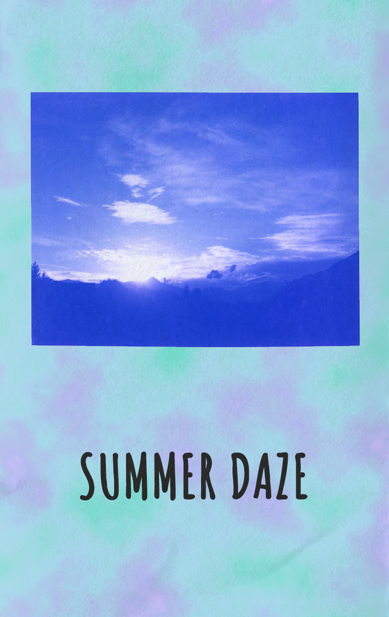 casette-style cover artwork. on the top half is a blue-tinted photo of a landscape mostly obscured by photographing towards the sun. on the bottom half is text 'summer daze'. the background is turquoise and purple in a cloud pattern.