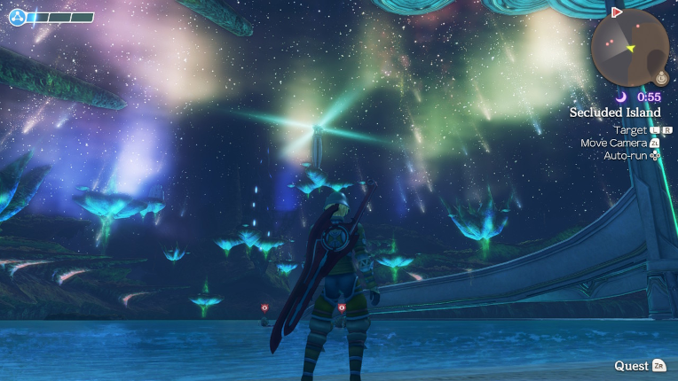 shulk, the main protagonist, a blonde white guy stands by a lake at night. across the sky are colorful auroras and equally colorful shooting stars. there are several floating islands up in the air.